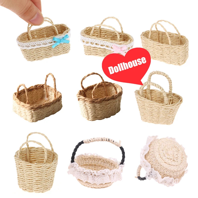 paniers osier rustique vintage poignées osier rubans décoratifs beige clair tissage fin enfant poupées