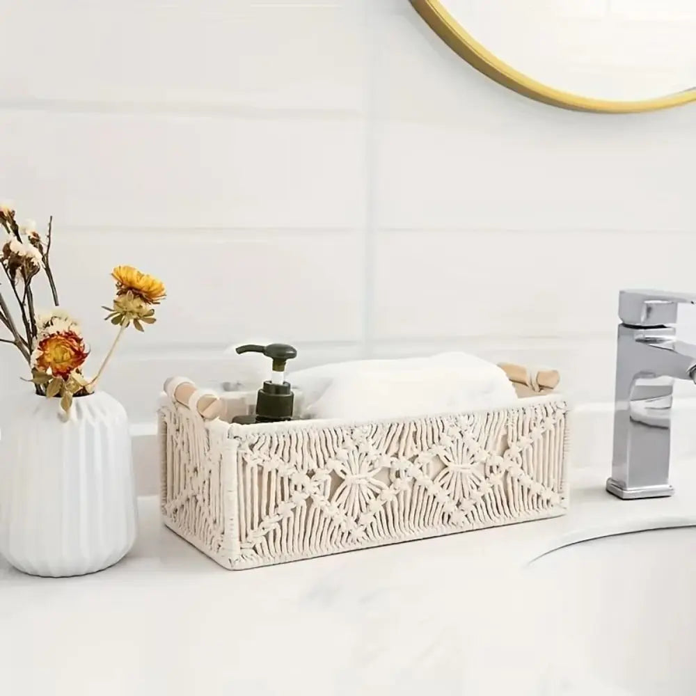 panier rangement tressé bohème motif floral blanc crème robuste utilisation multiple empilable rustic