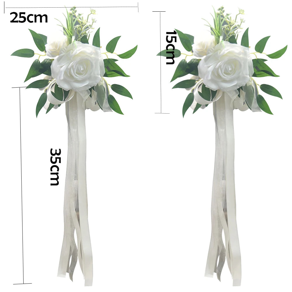 décoration mariage rose artificielle ruban eucalyptus feuilles verte chaise égliseextérieur