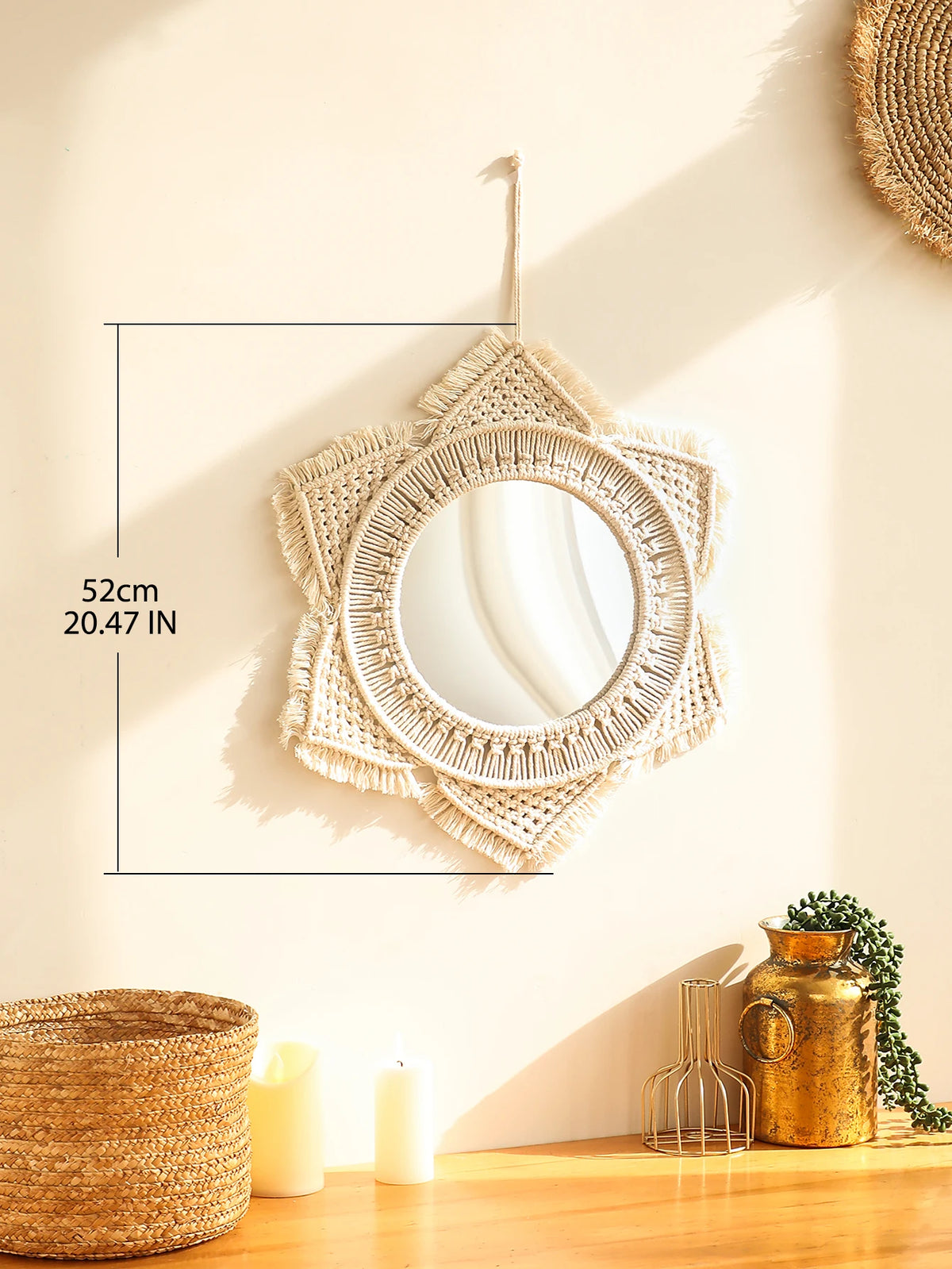 miroir boho blanc macramé franges artisanal crochet peigne protection chambre salon