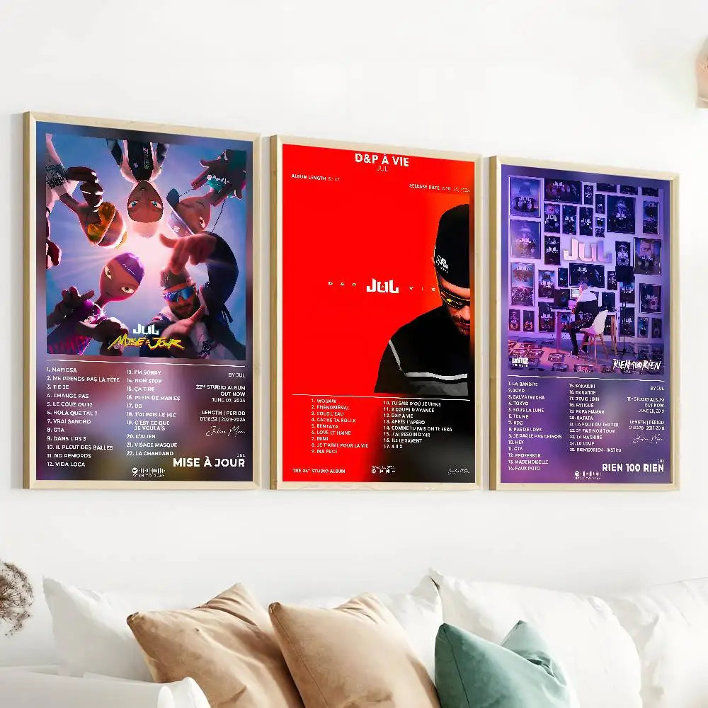 affiche moderne album musical stickers graphiques abstrait photographique bleu rouge violet noir blanc salon