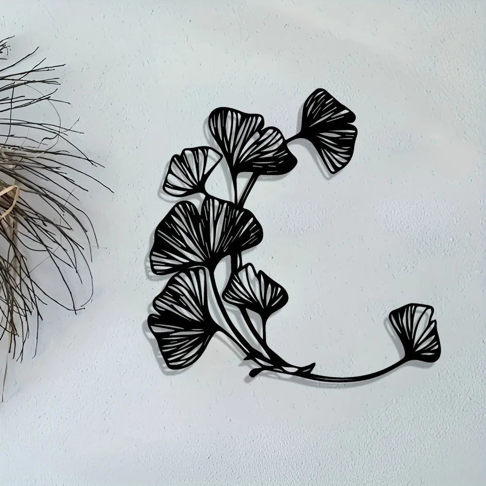 décoration murale plaque feuilles ginkgo noir métal moderne minimalisteintérieur extérieur