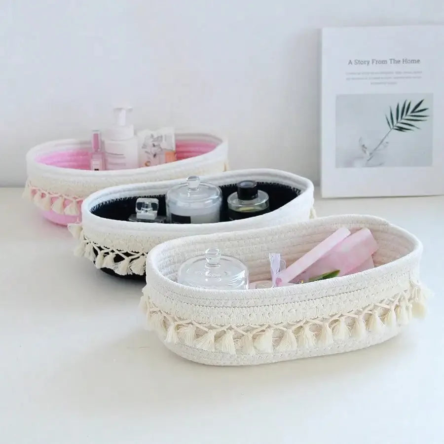 panier rangement tissu coton blanc franges boho chic savon parfum téléphone bougie
