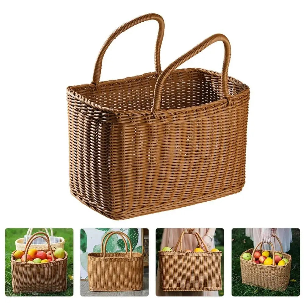 panier tressé osier marron clair poignées traditionnel taille portable fruitsDecorationOrganisateurRangementFlore