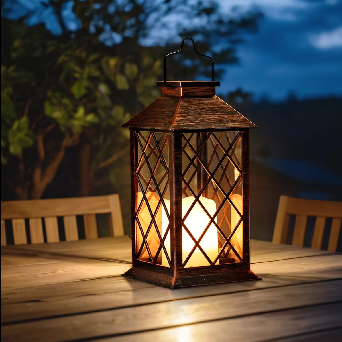 lanterne solaire suspendue vintage bougie led marron grille contemporaine étanche patio jardin fête