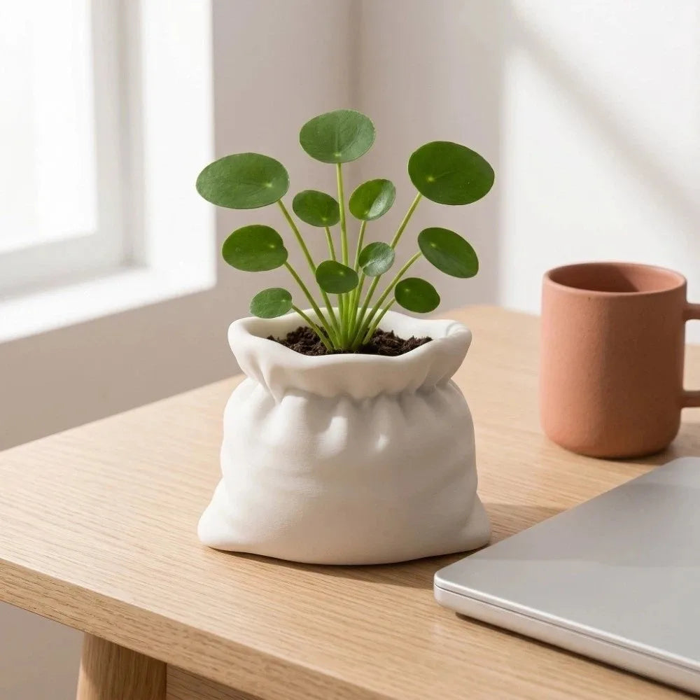 pot fleurs forme sac blanc texture tissu moderne opacité plantes intérieur décoration chambre minimaliste