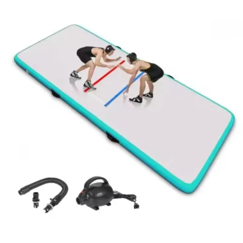 tapis gonflable rose rayures horizontales moderne poignées pompe air tapis gym portable bleu gris