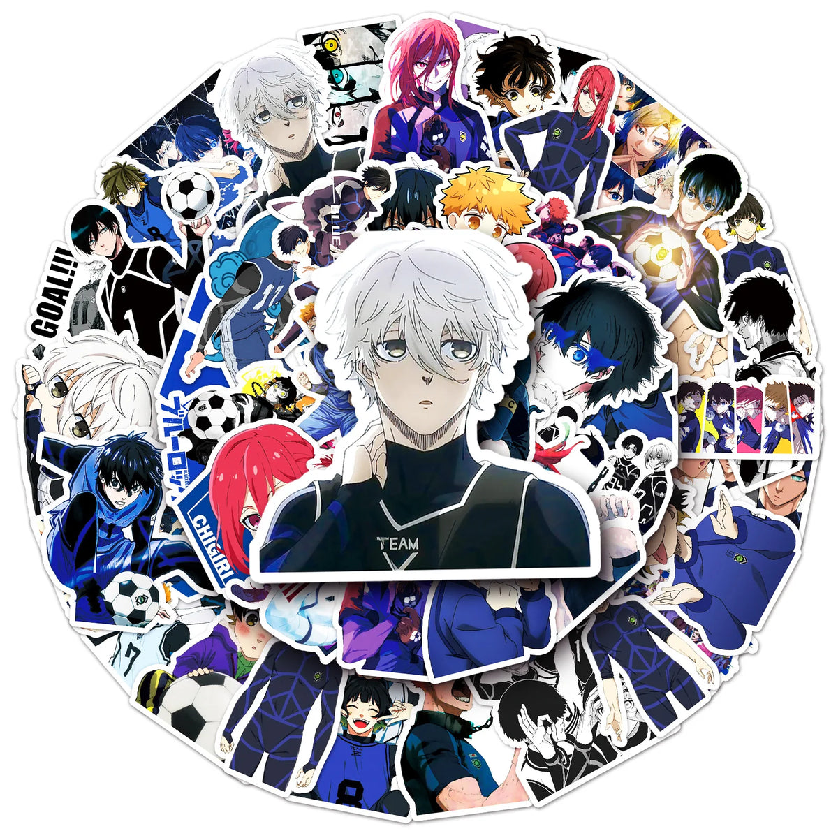 sticker anime personnages textes bleu lock chigo goal shi team football noir blanc