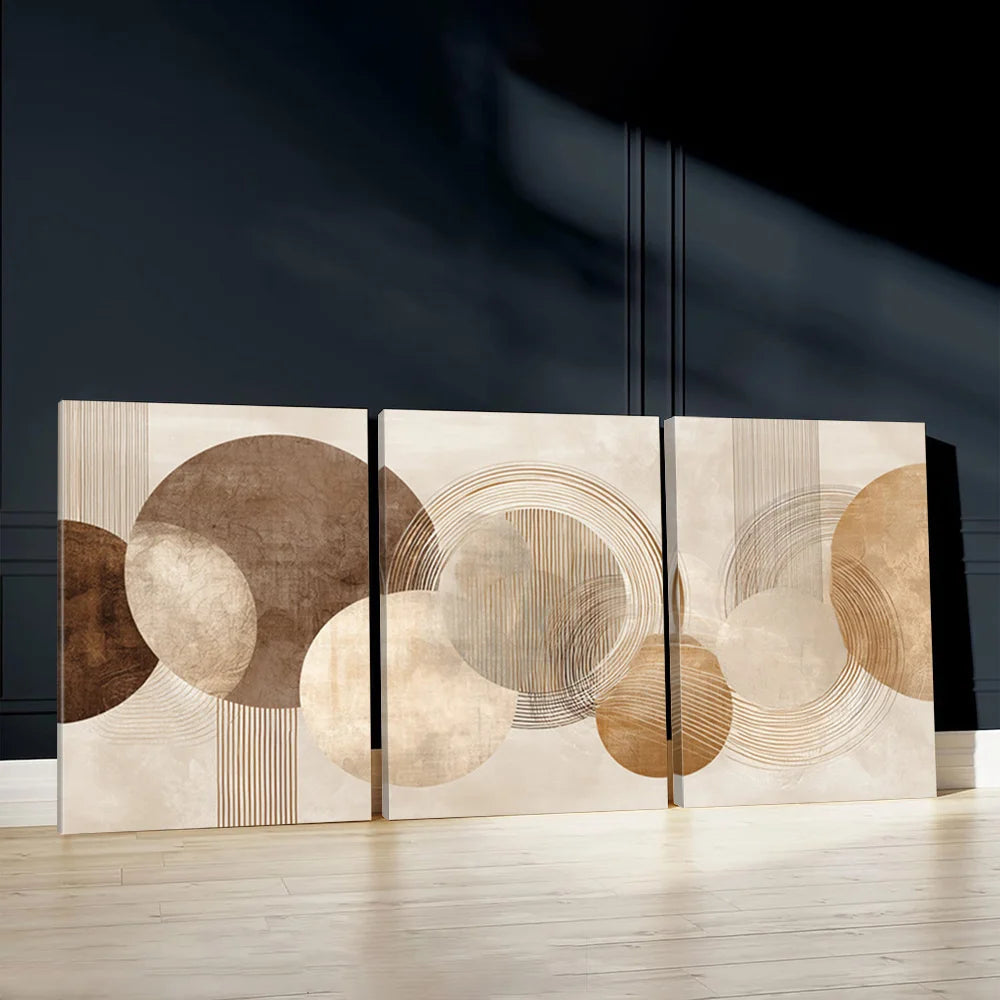 tableau abstrait moderne beige marron gris cercles concentriques lignes parallèles sans cadre impression toile