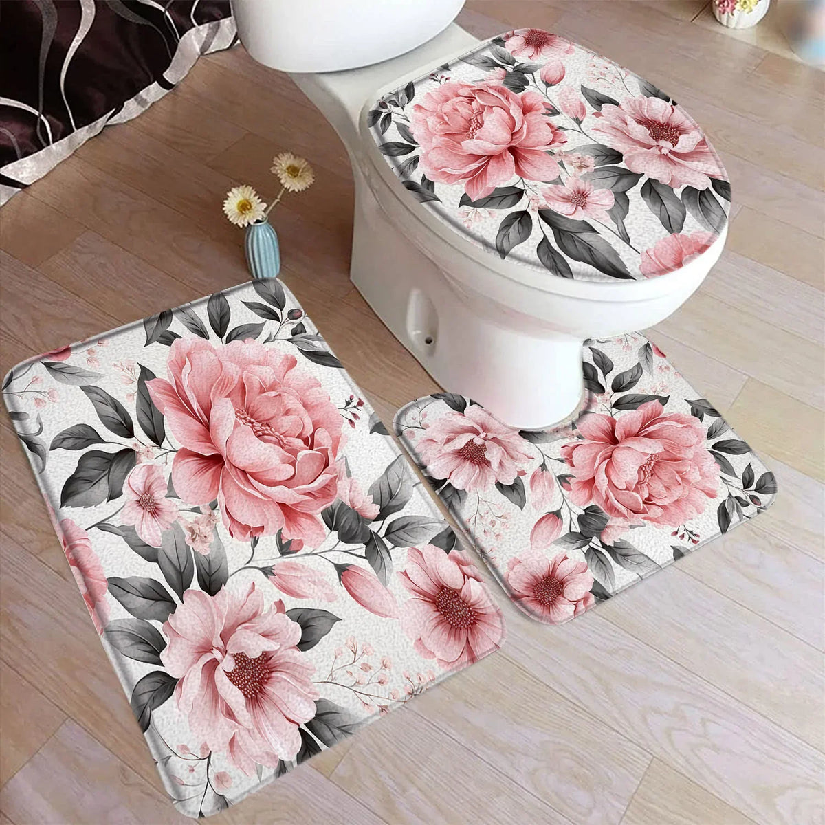 tapis toilette rose fleurs feuilles bain salle beige floral respectueux environnement trois pièces