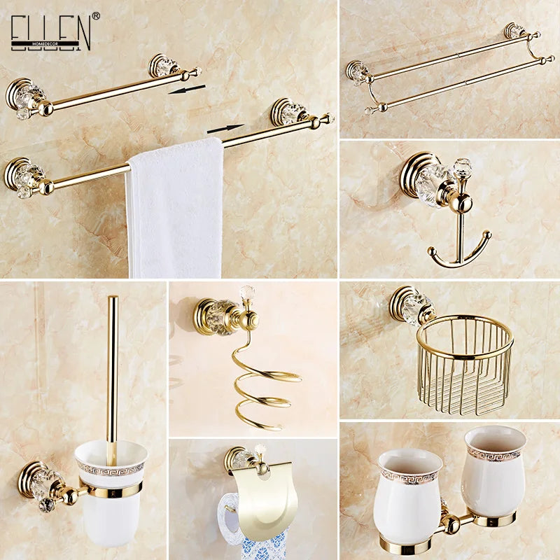 accessoires salle bain or cristaux porte serviettes savon gobelets élégants vis fixés