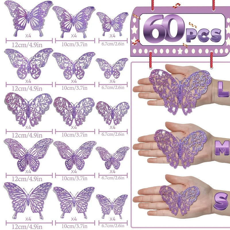 papillons décoratifs bleu violet doré glitter 3d adhésifs décoration anniversaire mariage noël