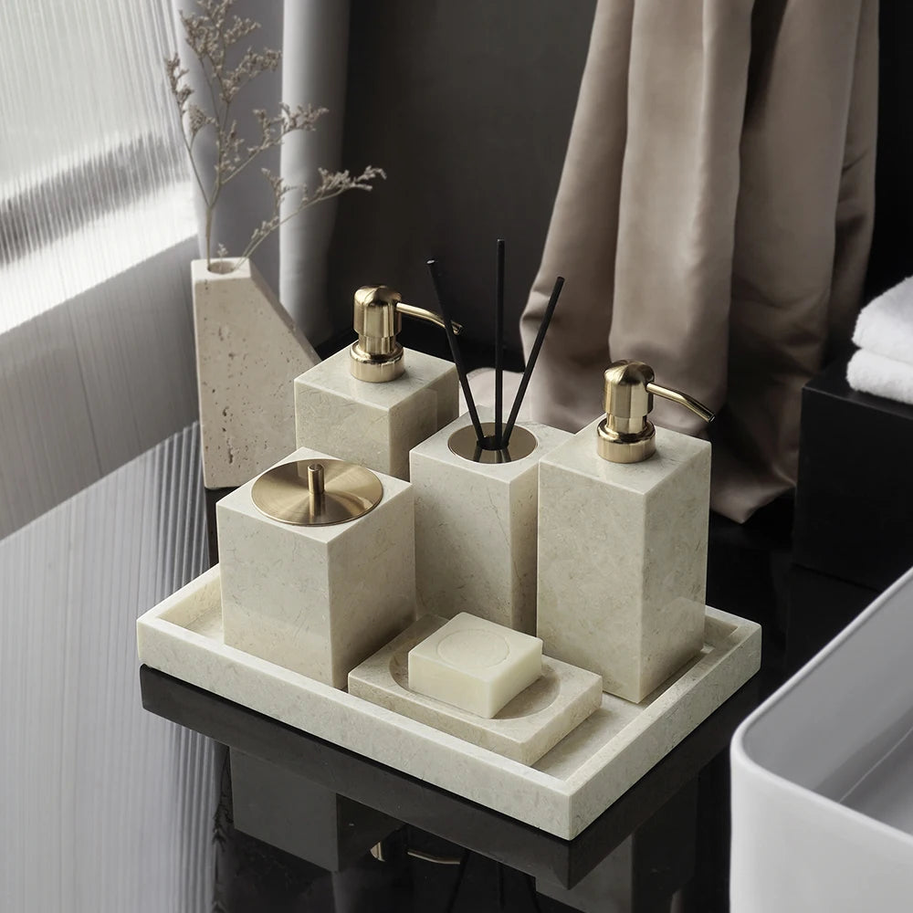 ensemble salle bain marbre blanc doré plateau distributeur savon accessoires