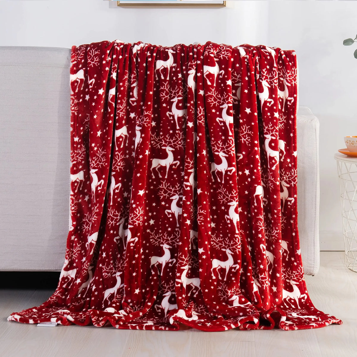 couverture hiver rouge motif cerf flocon neige velours doux plaid chaud décoration maison luxe