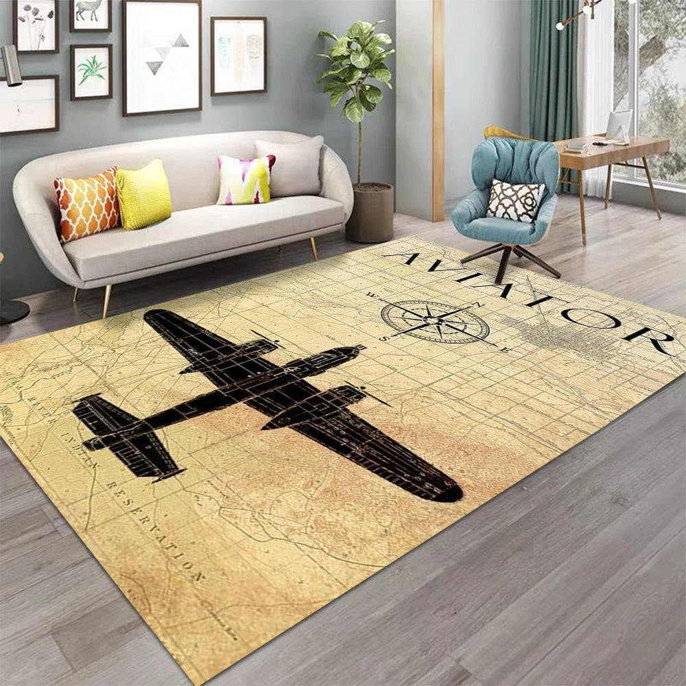 tapis rétro avion carte boussole moderne salon beige noir bleu rouge vert gris vintage