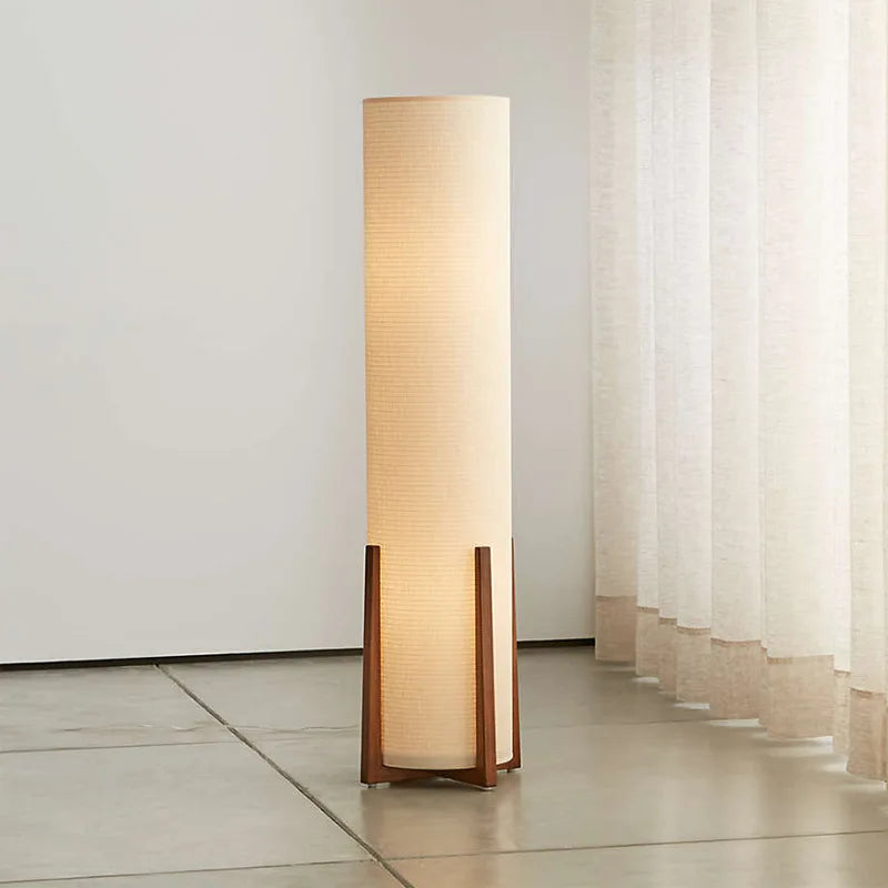 lampe sol moderne toile lin blanc bois foncé LED éclairage intérieur haut bas