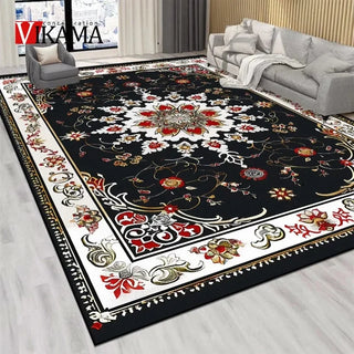 tapis persan luxueux motifs floraux géométriques élégants noir rouge doré salon chambre