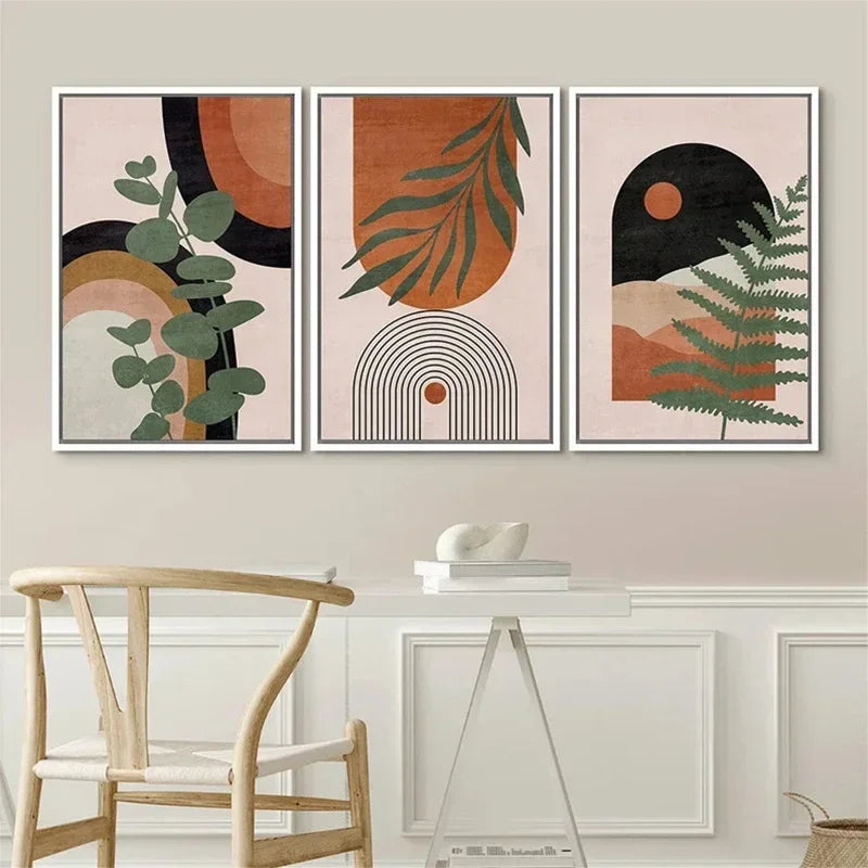 tableau abstrait géométrique feuilles contemporain minimaliste beige noir vert orange marron opacité 30x40cm 50x70cm