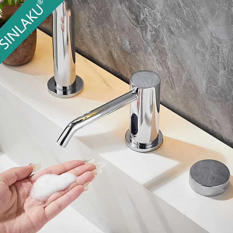 distributeur savon liquide automatique chrome moderne cuisine désinfectant sans contact sensoriel minimaliste