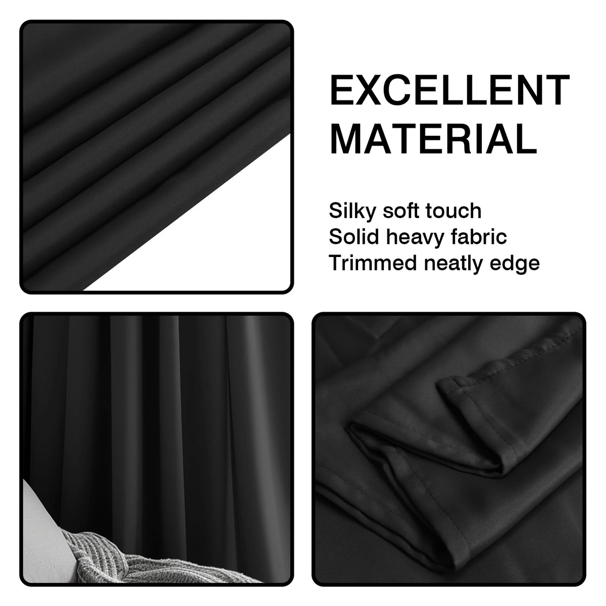 rideaux noir opaques modernes tissu plissé métalliques tringle salon chambre coucher