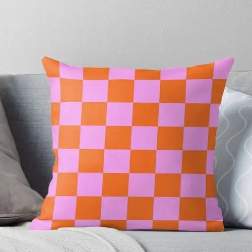 taie d'oreiller carrée rose orange motif carreaux moderne décoration lit salon maison coton polyester