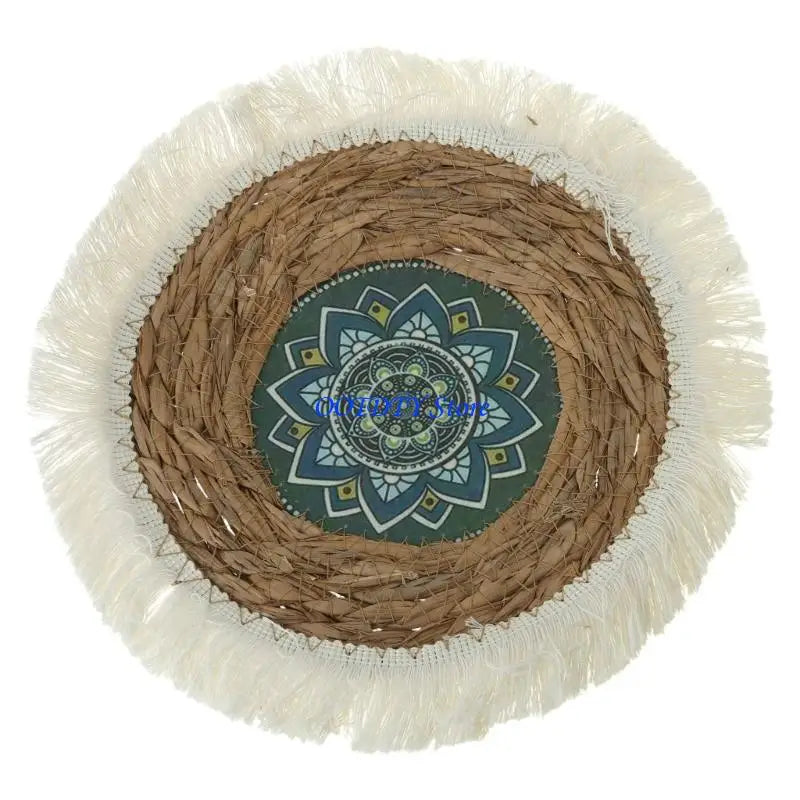 assiettes paille naturel beige vert clair tissage traditionnel franges blanches rustique boho chic