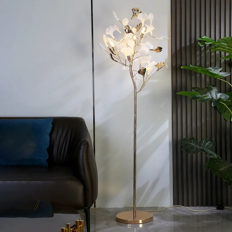 lampe poser contemporaine or blanc branches feuilles fleurs interrupteur base câble moderne chambre salon