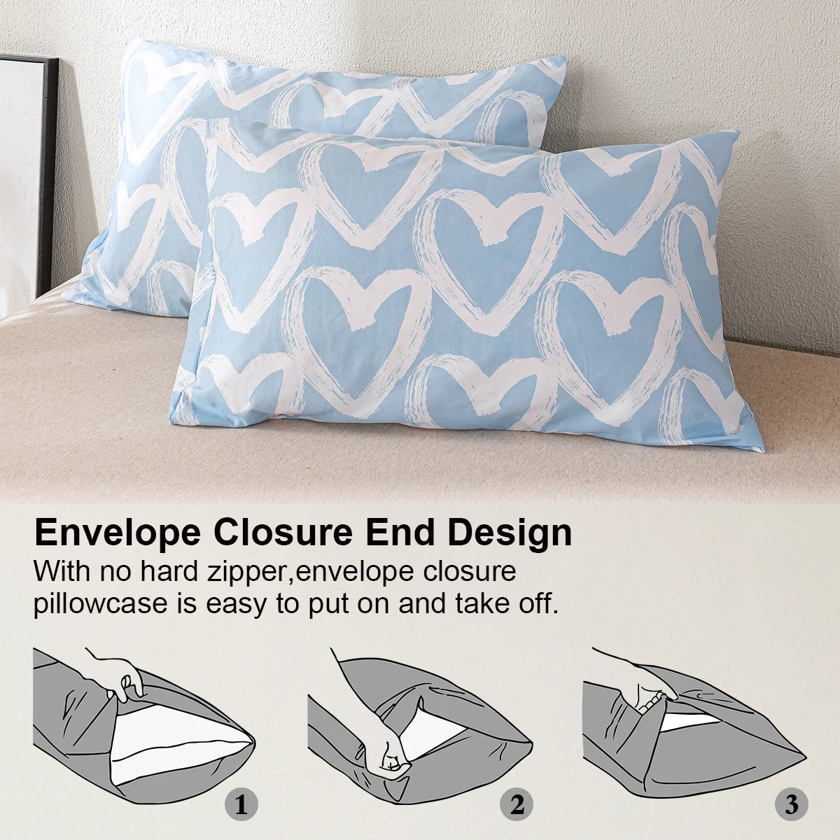 ensemble literie housse couette deux taies d'oreiller coeur gris blanc moderne
