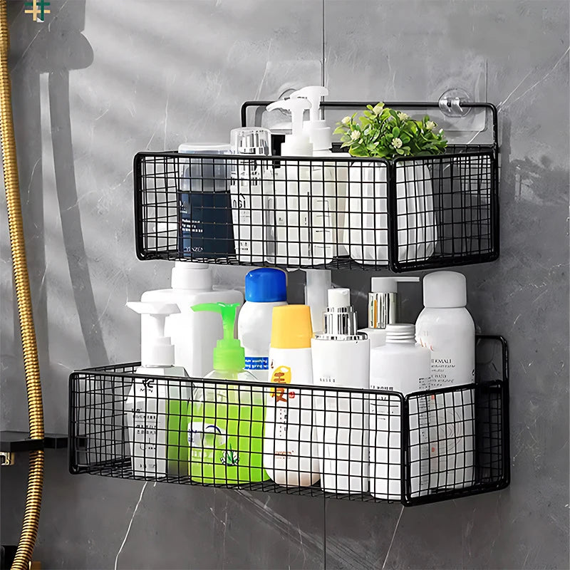 panier grille métallique noir adhésif mural stockage cosmétique maquillage bouteilles d'eau