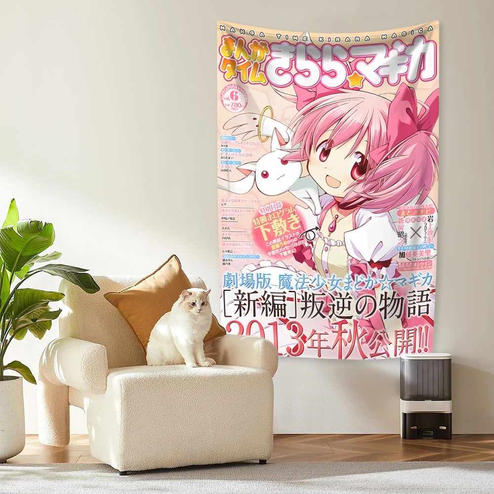 tapisserie anime personnages floraux rose blanche bleue verte jaune polyester rectangle
