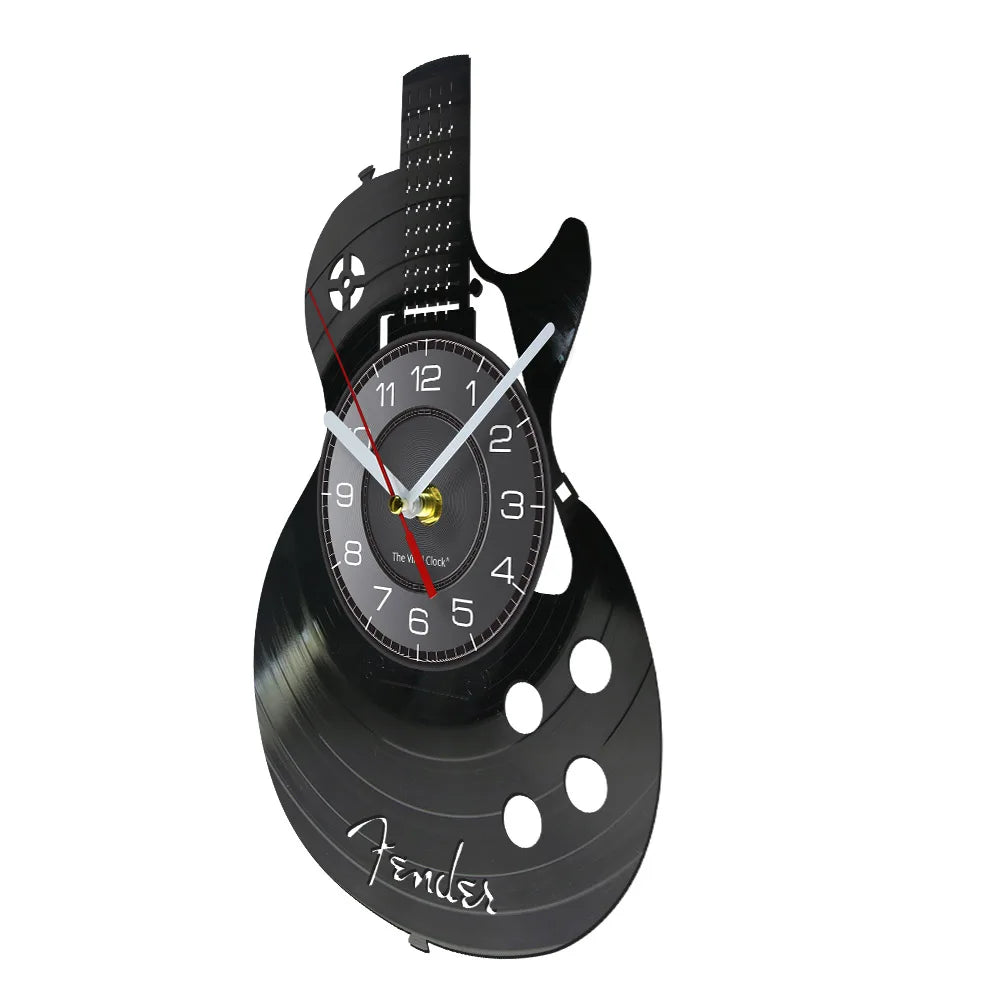 horloge murale guitare stylisée vinyle noir moderne rétro salon quartz aiguille