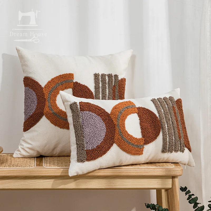 coussin moderne géométrique brodé coton polyester blanc orange moutarde adhésif rectangle square decoration
