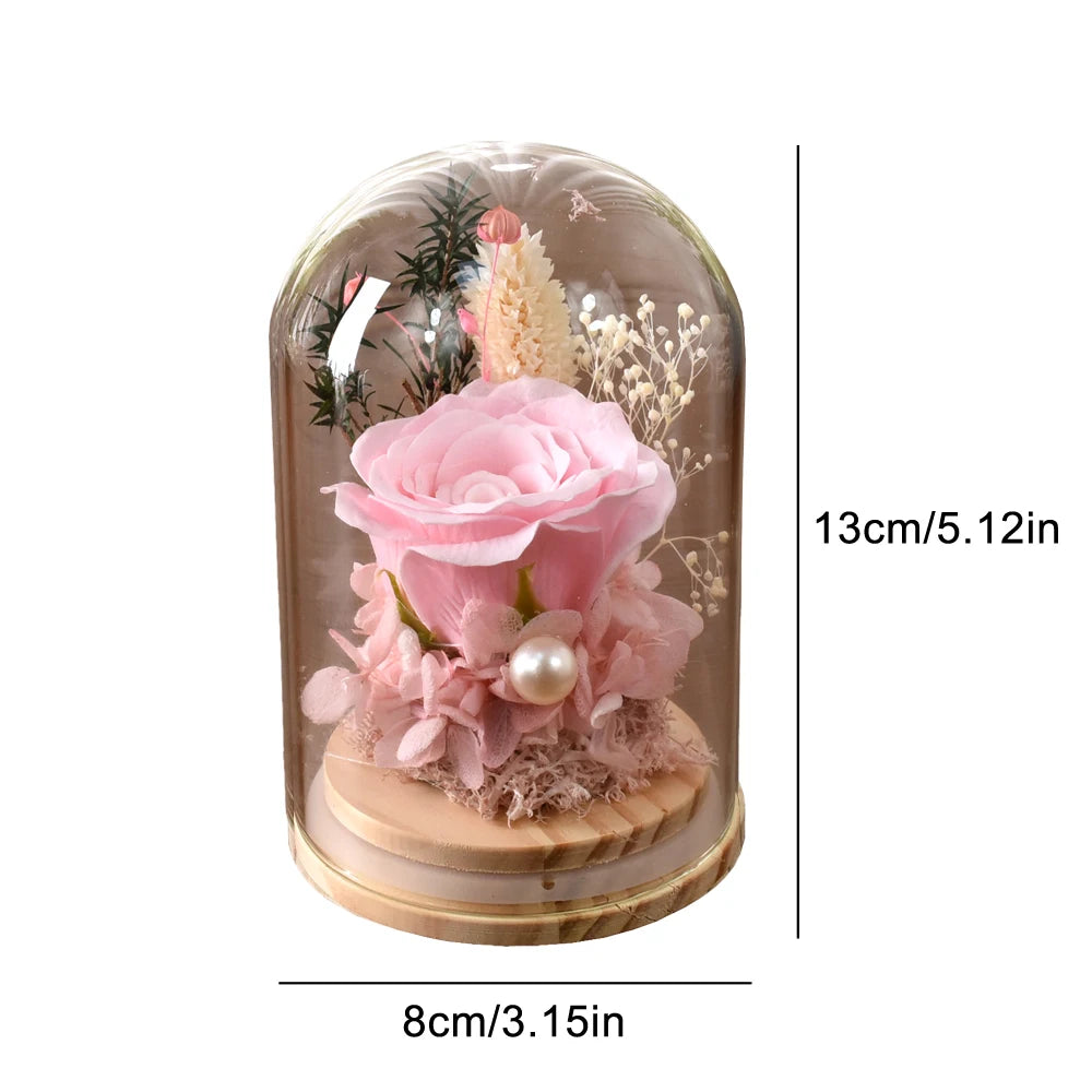 bouquet fleurs stabilisées cloche verre rouge rose bleu violet feuilles vertes classique romantiqueintérieurDecoration