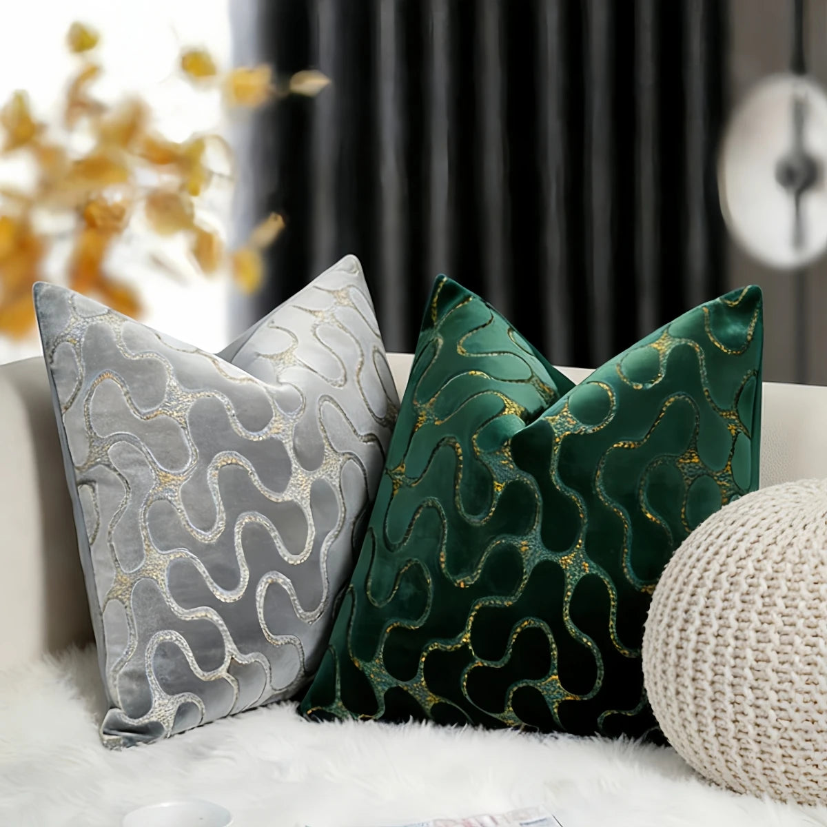 housse coussin velours géométrique contemporain 30x50 45x45 50x50 gris vert doré