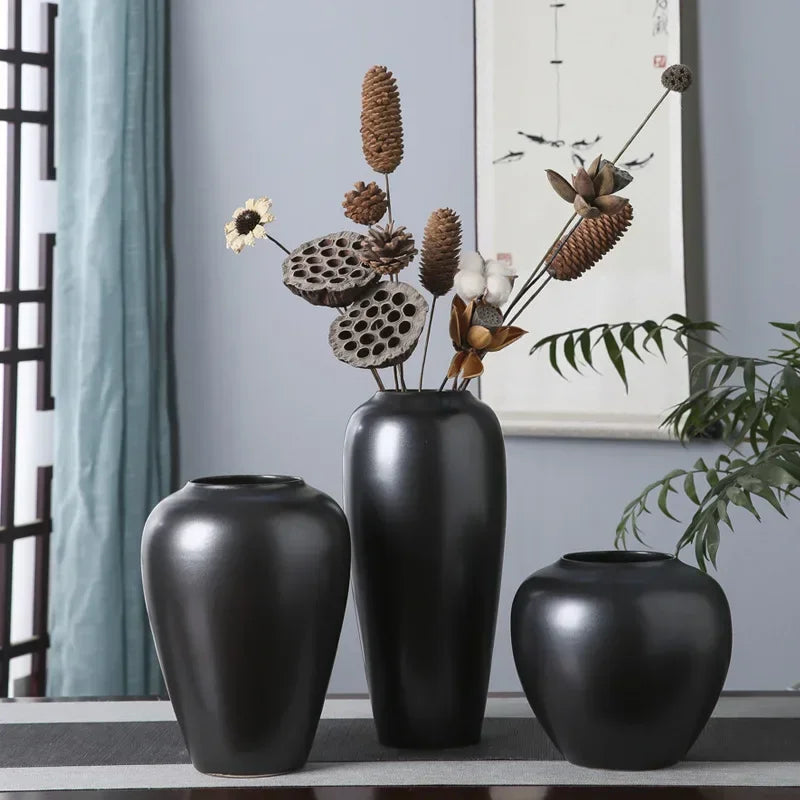vase moderne céramique noir brillant grande taille décoration table entrée minimaliste