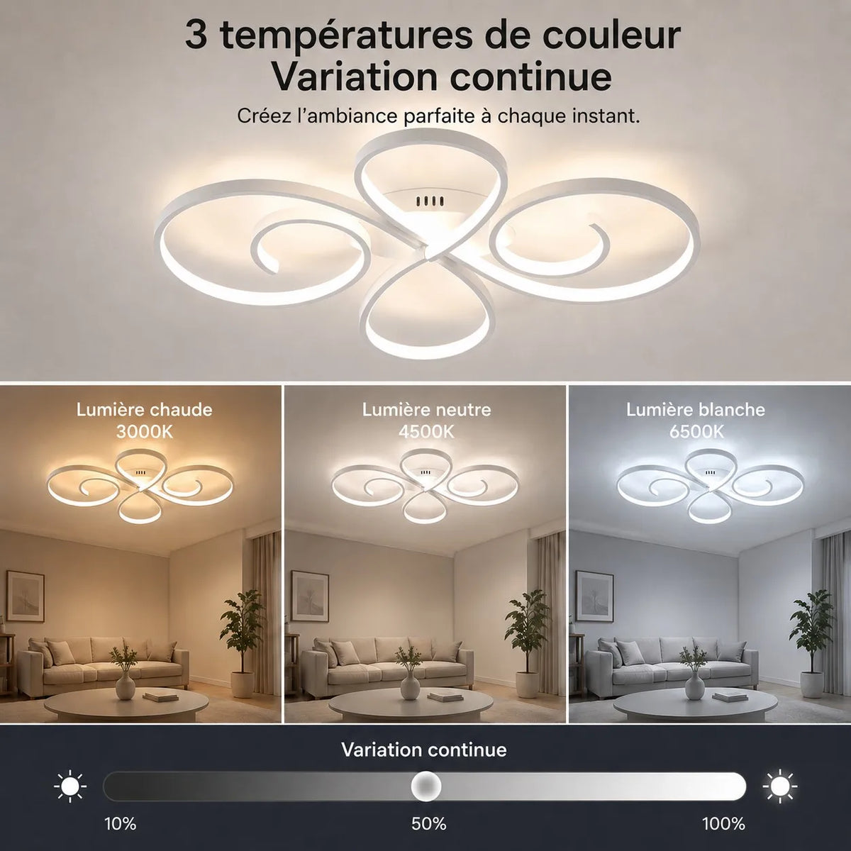 plafonnier led moderne blanc noir or spirales télécommande app variable