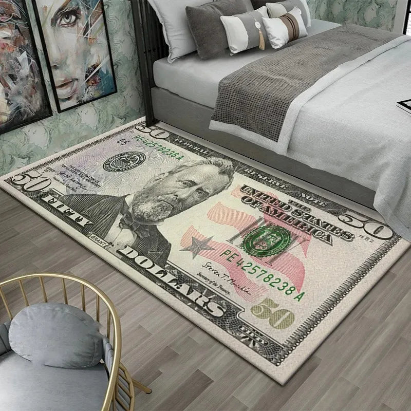 tapis décoratif moderne motif billets banque bitcoin bleu blanc noir doré salon chambre maison