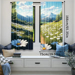 rideau pastoral opacité bleu blanc vert gris pièces 100% polyester paysage marguerites nuages herbe