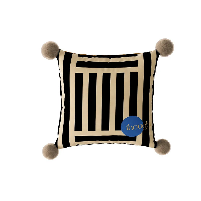 taie d'oreiller carrée velours moderne rayures pompons vert beige noir