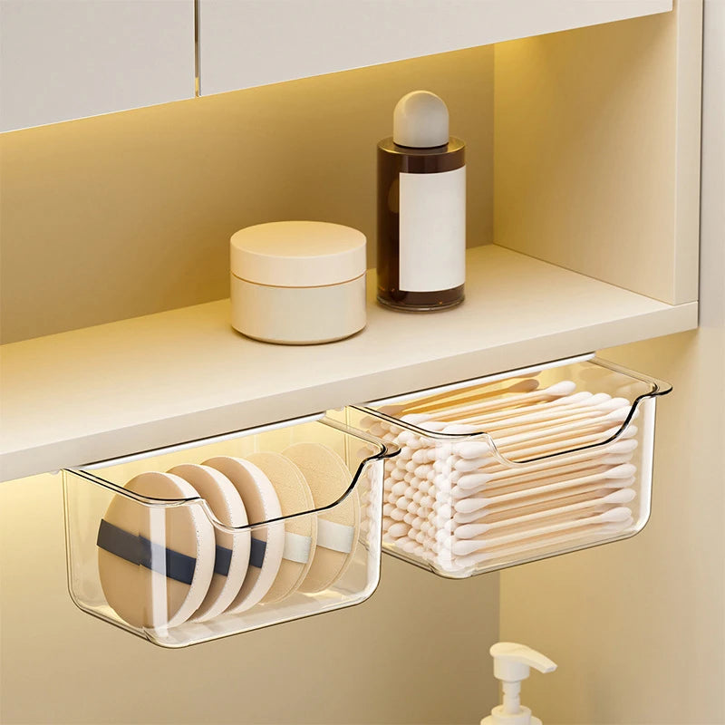 boîtes rangement transparentes modernes salle bain maquillage coulissantes adhésives minimalistes