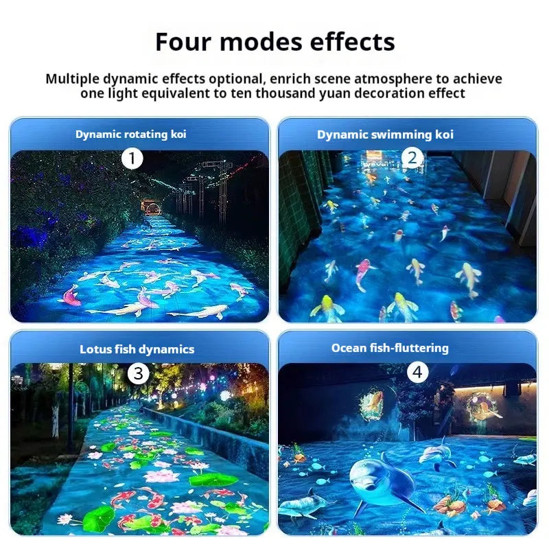 projecteur led extérieur effet eau dynamique poissons koi lotus logo décoration jardin piscine dynamique