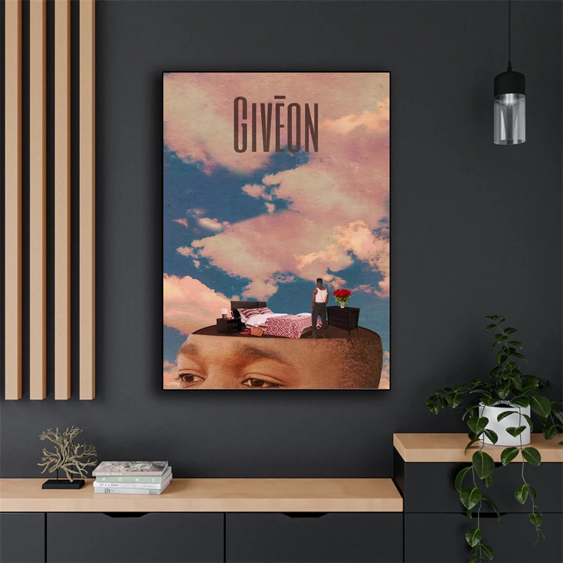 toile art contemporain visage humain nuages décor mural salon moderne bleu orange noir blanc