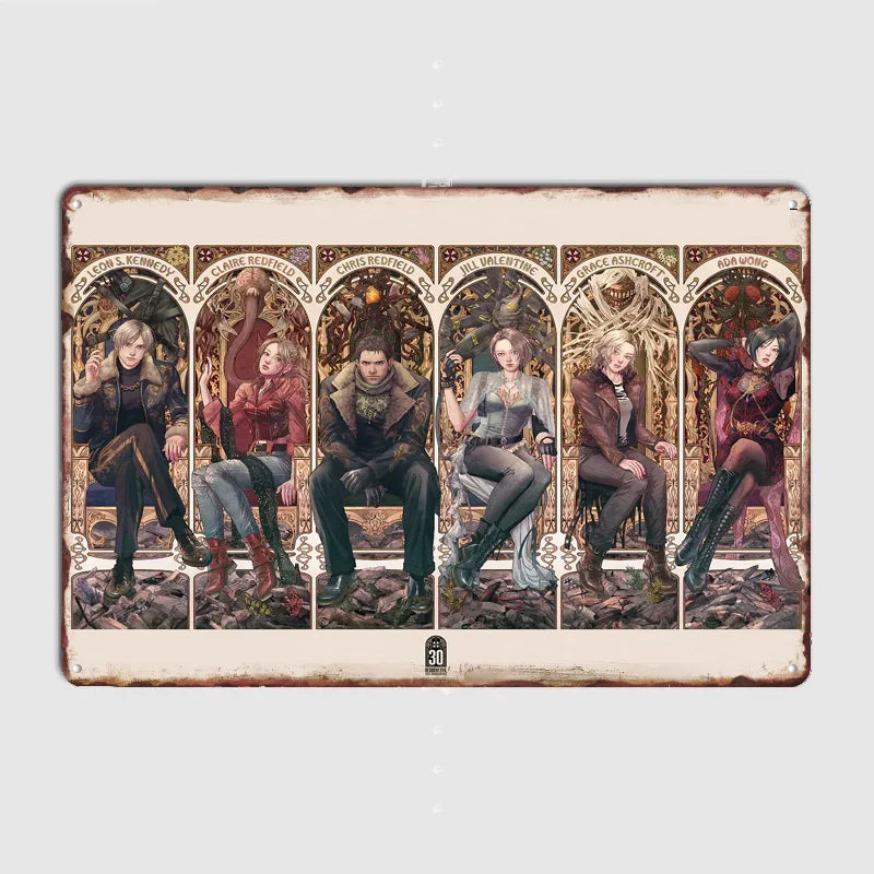 plaque métallique vintage resident evil group therapy illustration gris beige deco murale craft gift
