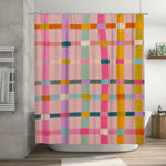 rideau douche moderne carreaux colorés rose vert jaune opacité tapis bain imperméable anneaux métal