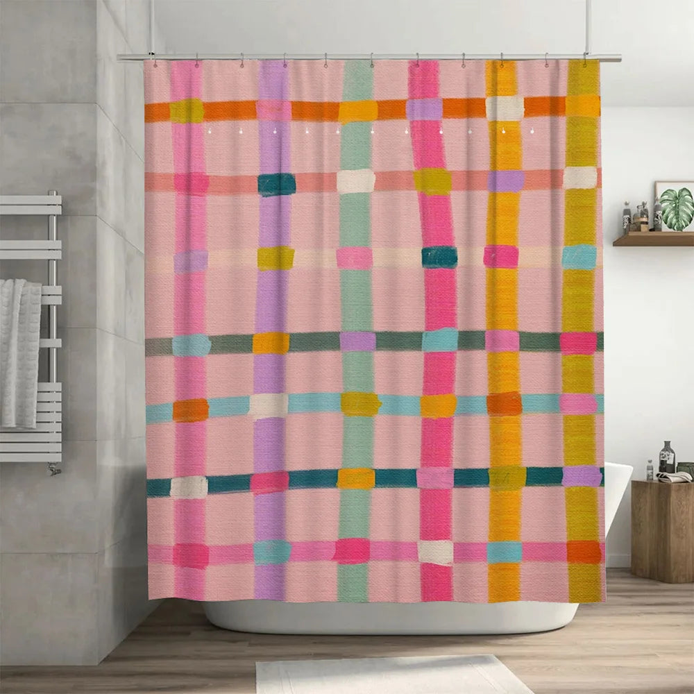 rideau douche moderne carreaux colorés rose vert jaune opacité tapis bain imperméable anneaux métal