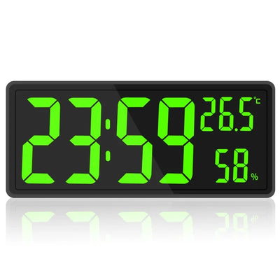 Grande horloge murale LED numérique blanche affichant heure température humidité