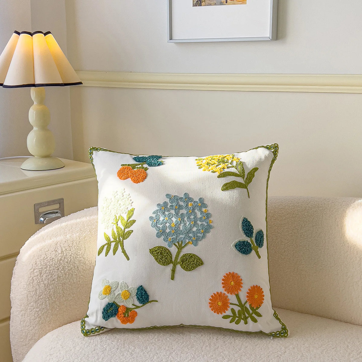 taie d'oreiller carrée fleur motif moderne polyester coton 45x45cm blanc