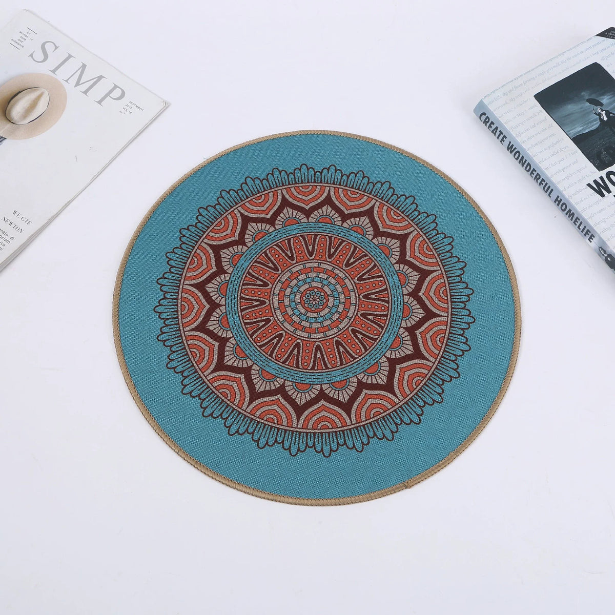 tapis table rond mandala boho chic bleu marine beige tissé imperméable résistant chaleur
