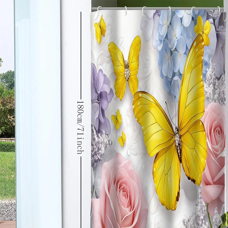 rideau douche papillons fleurs jaunes polyester moderne anneaux rideau blanc violet bleuclair chambre toilette