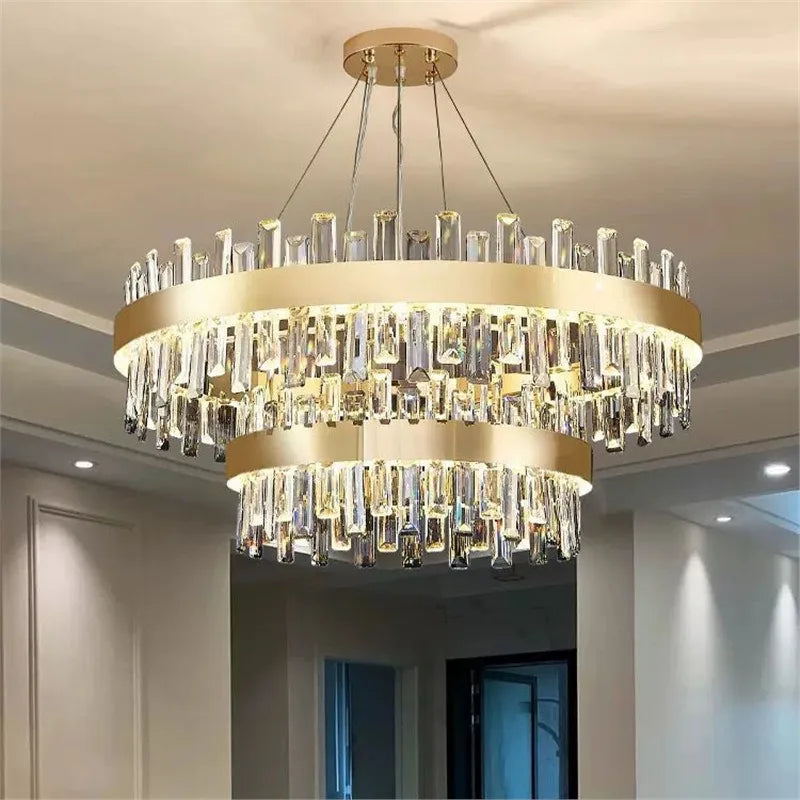Suspension lumineuse moderne cristal doré brillant transparent salon restaurant chambre principal